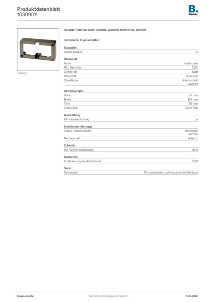 Bild Hager Produktdatenblatt 10309011 | Hager Deutschland