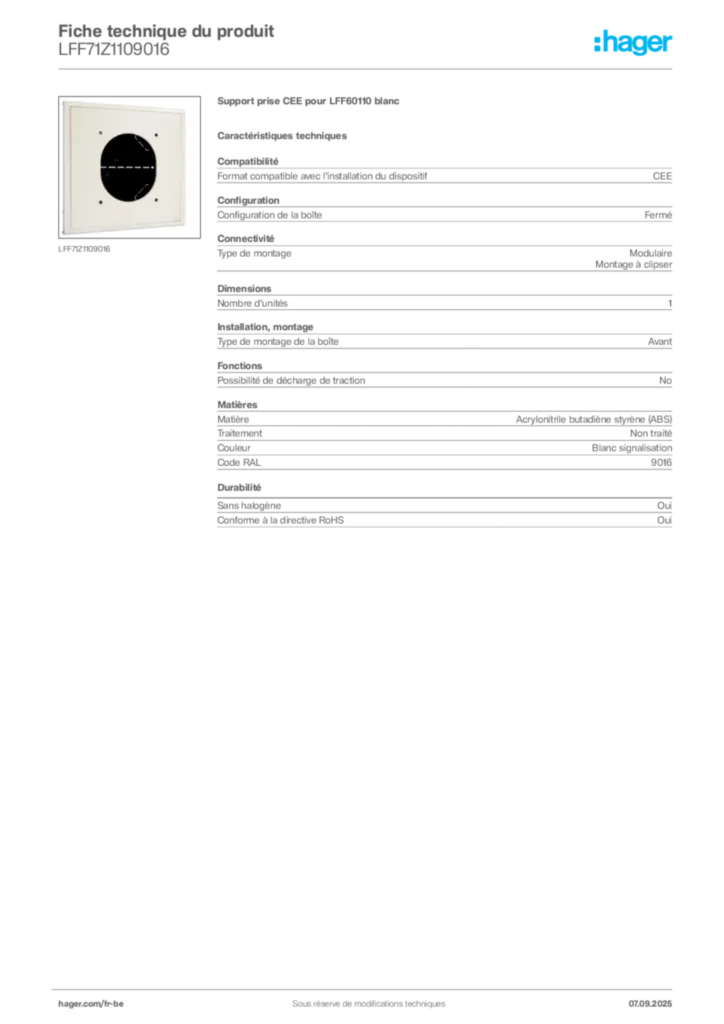 Image Hager Fiche technique du produit LFF71Z1109016 | Hager Belgique