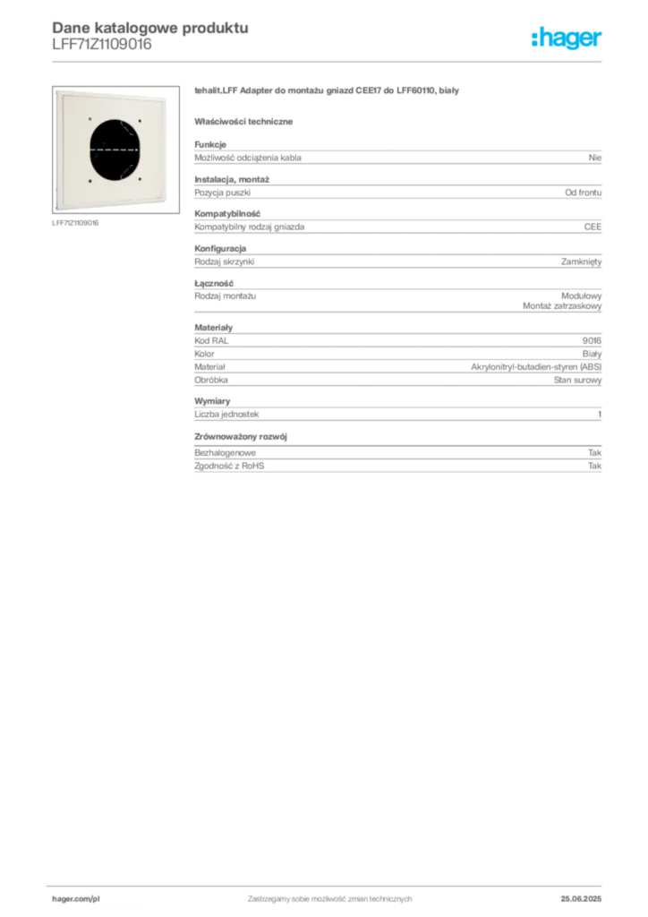 Zdjęcie Hager Karta katalogowa LFF71Z1109016 | Hager Polska