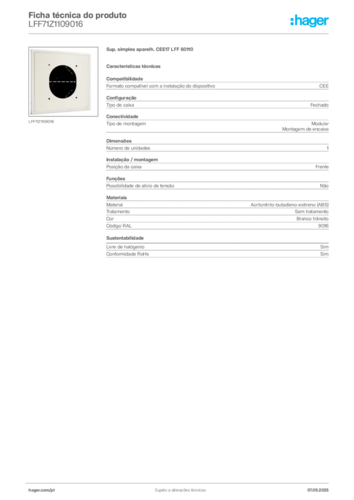 Imagem Hager Ficha técnica do produto LFF71Z1109016 | Hager Portugal