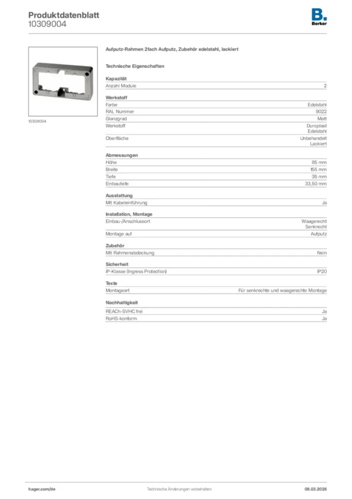 Bild Berker Produktdatenblatt 10309004 | Hager Deutschland