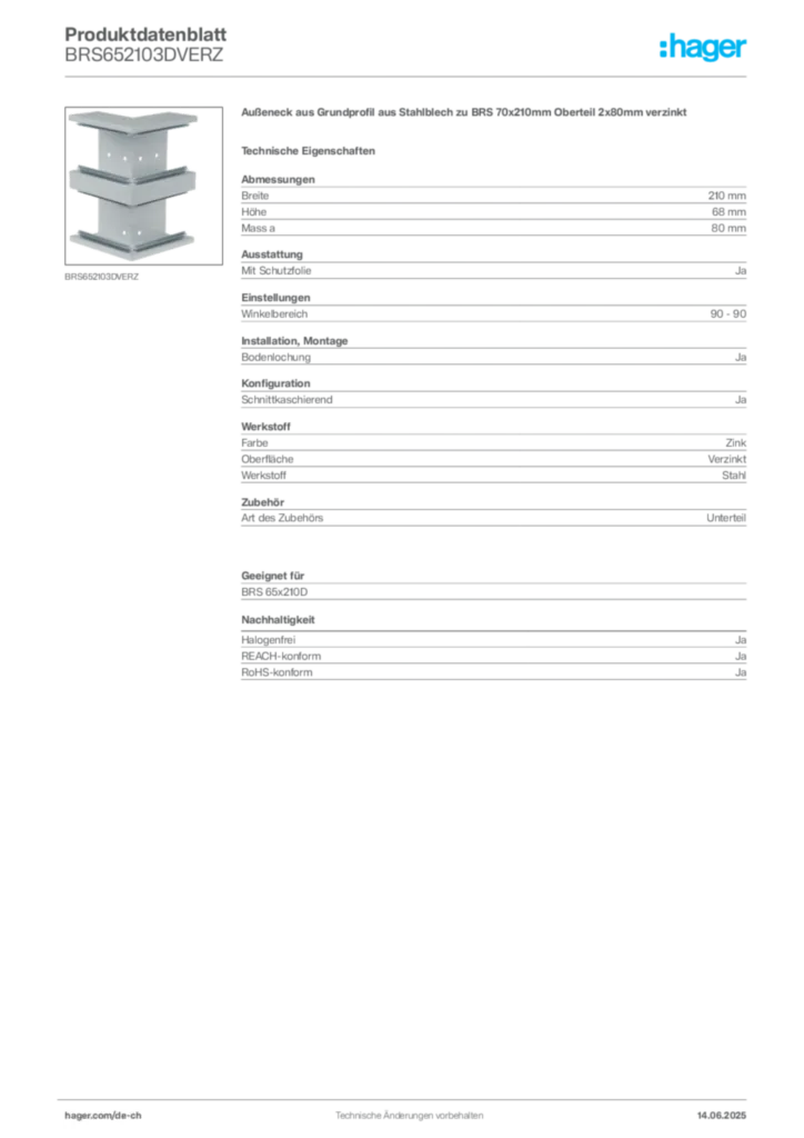 Bild Hager Produktdatenblatt BRS652103DVERZ | Hager Schweiz