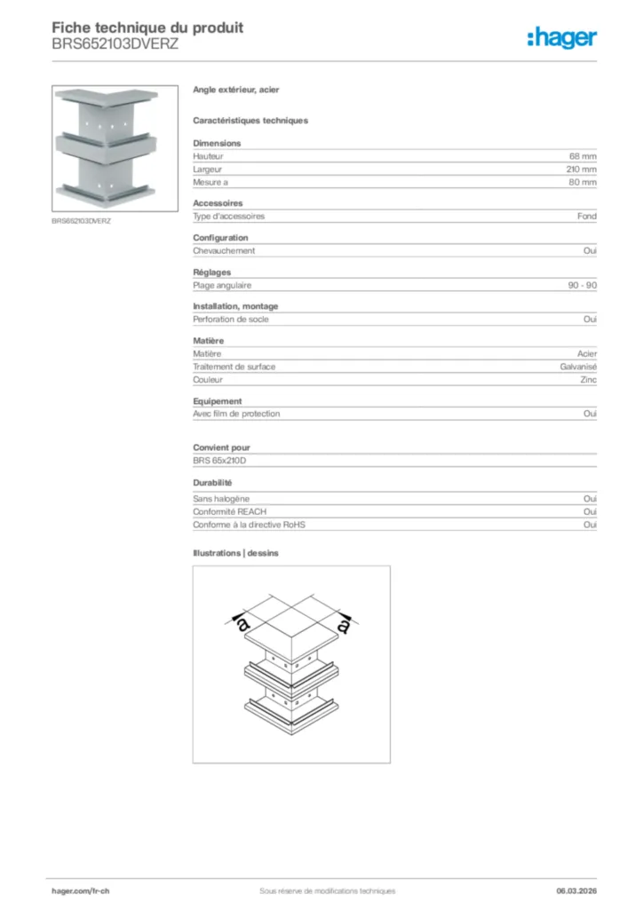 Image Hager Fiche technique du produit BRS652103DVERZ | Hager Suisse