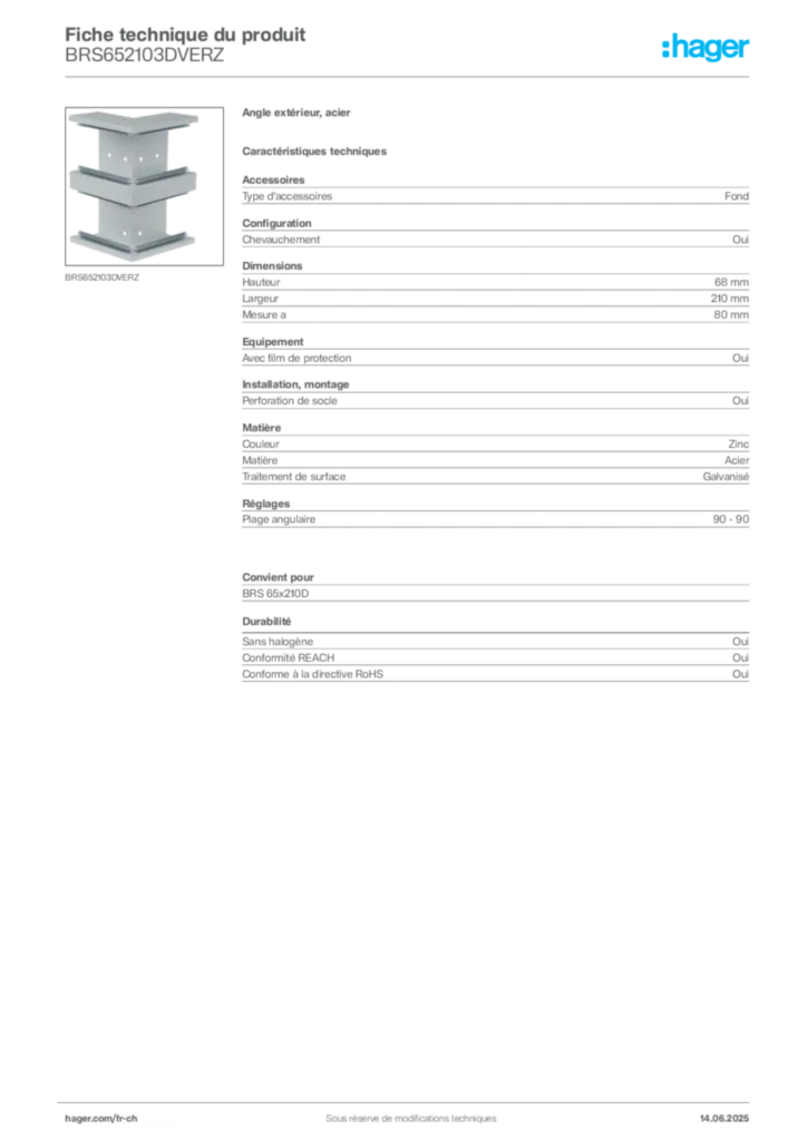 Image Hager Fiche technique du produit BRS652103DVERZ | Hager Suisse