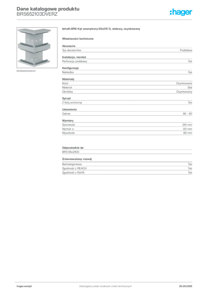 Zdjęcie Hager Karta katalogowa BRS652103DVERZ | Hager Polska