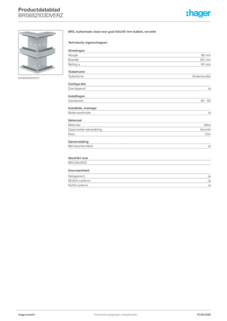 Afbeelding Hager Productdatablad BRS652103DVERZ | Hager Nederland