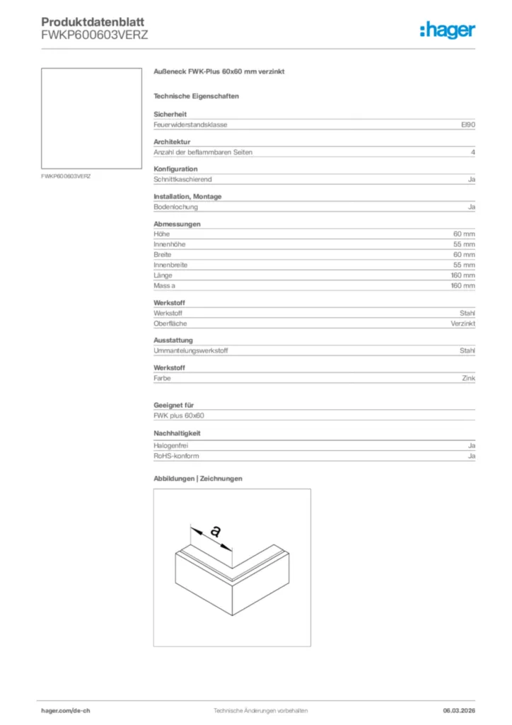 Bild Hager Produktdatenblatt FWKP600603VERZ | Hager Schweiz