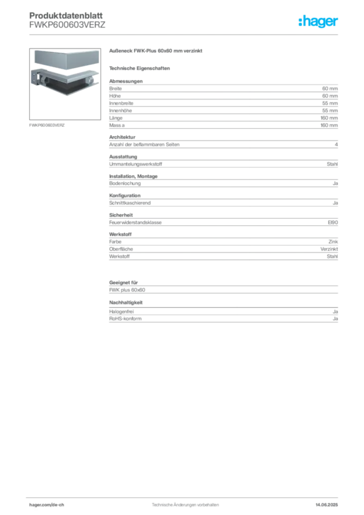 Bild Hager Produktdatenblatt FWKP600603VERZ | Hager Schweiz