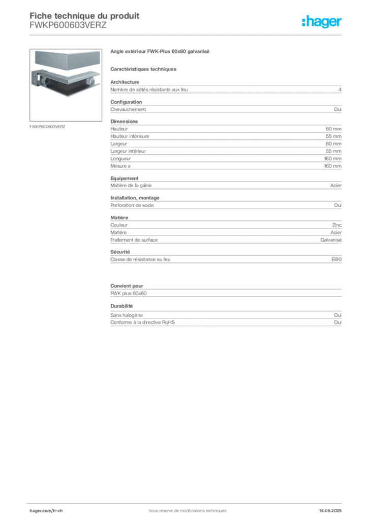 Image Hager Fiche technique du produit FWKP600603VERZ | Hager Suisse