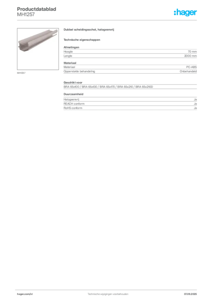 Afbeelding Hager Productdatablad MH1257 | Hager Nederland