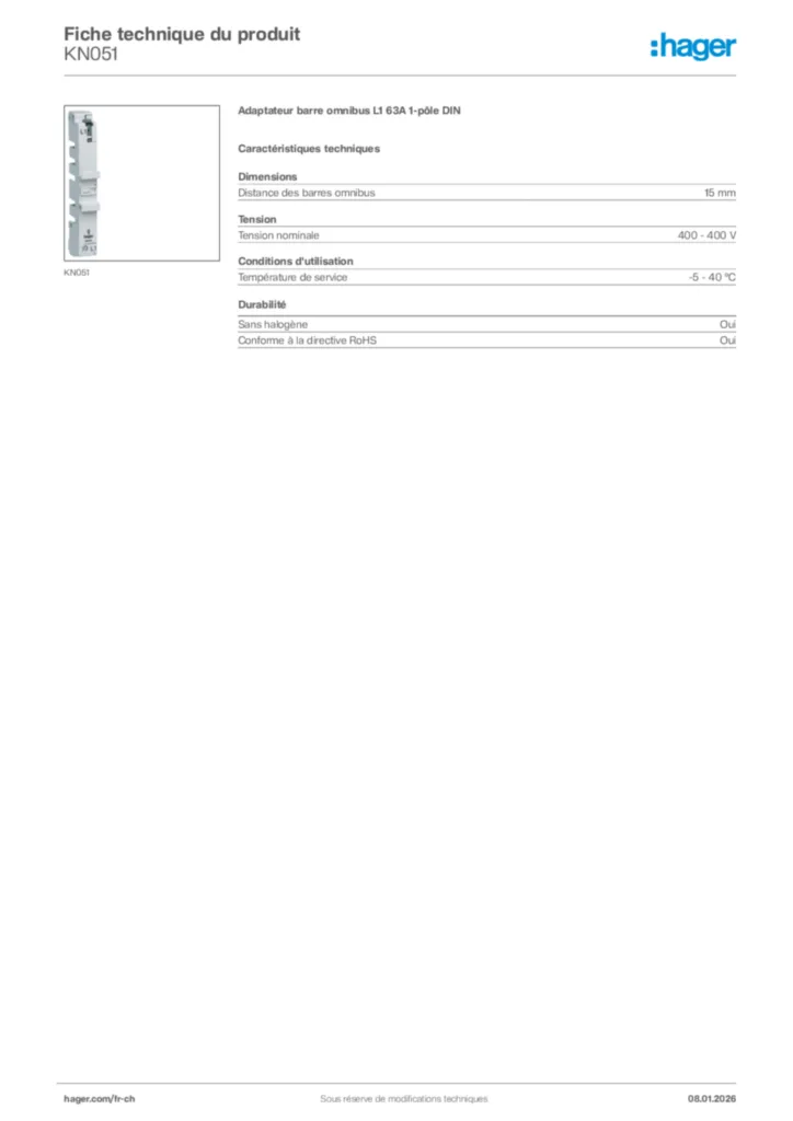 Image Hager Fiche technique du produit KN051 | Hager Suisse