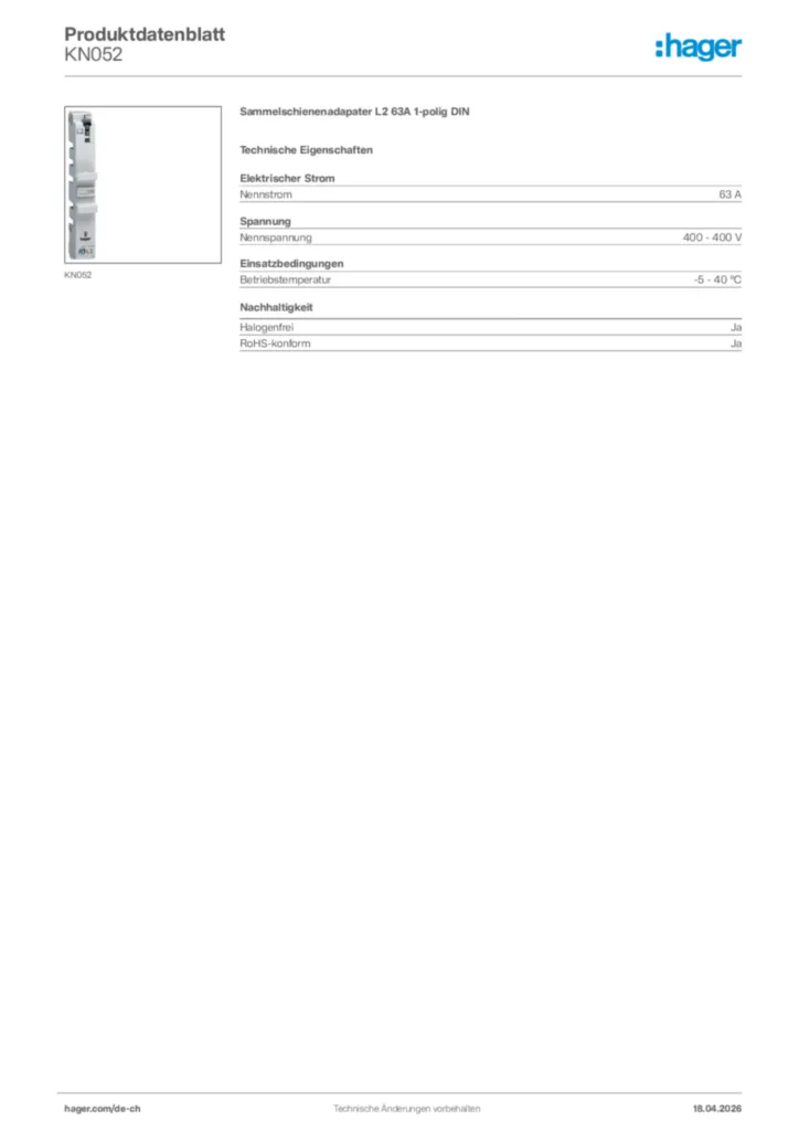 Bild Hager Produktdatenblatt KN052 | Hager Schweiz