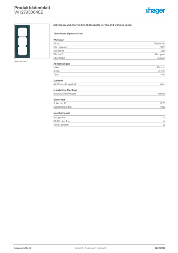 Bild Hager Produktdatenblatt WH27930648Z | Hager Schweiz
