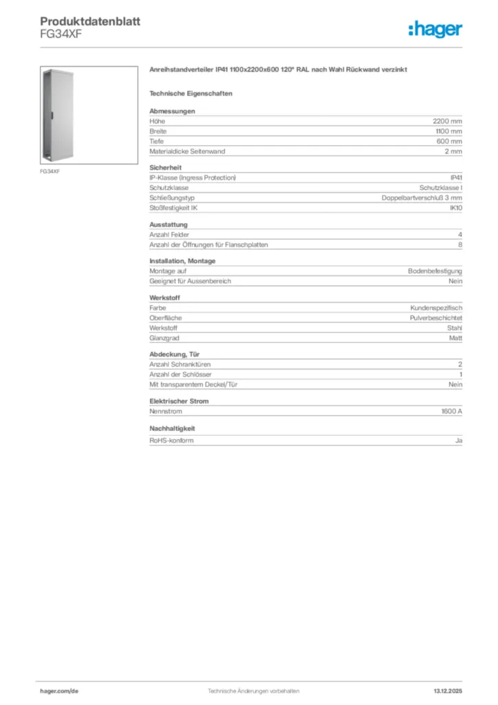 Bild Hager Produktdatenblatt FG34XF | Hager Deutschland