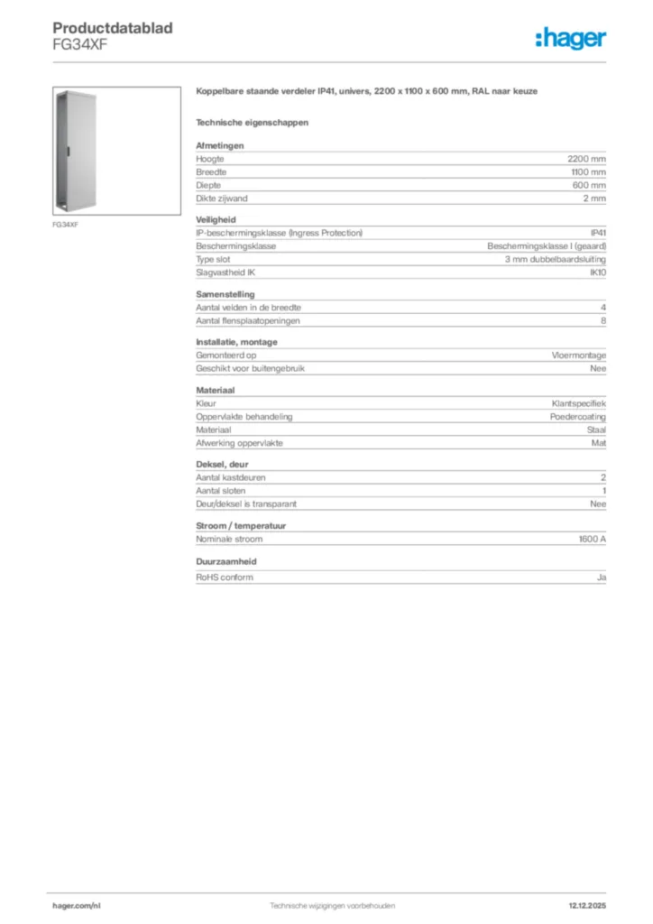 Afbeelding Hager Productdatablad FG34XF | Hager Nederland