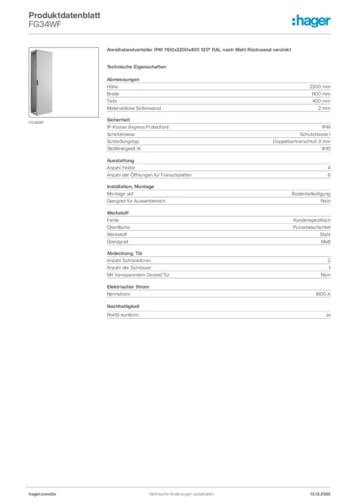 Bild Hager Produktdatenblatt FG34WF | Hager Deutschland