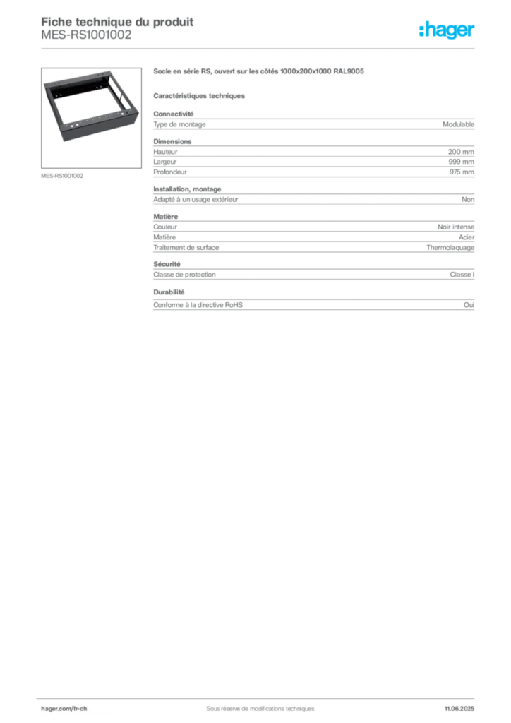 Image Hager Fiche technique du produit MES-RS1001002 | Hager Suisse