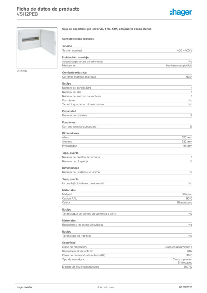 Imagen Hager Ficha de datos de producto VS112PEB | Hager España