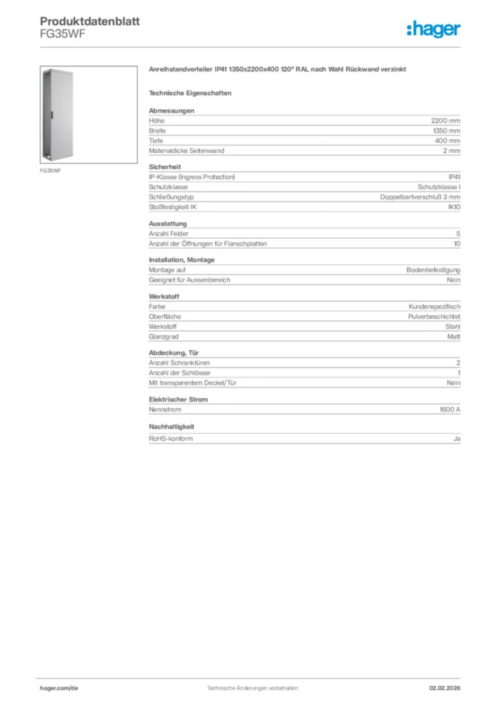 Bild Hager Produktdatenblatt FG35WF | Hager Deutschland