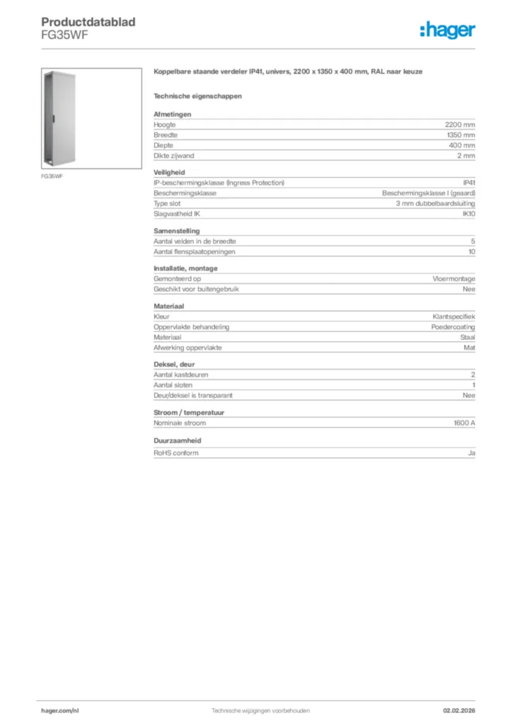 Afbeelding Hager Productdatablad FG35WF | Hager Nederland