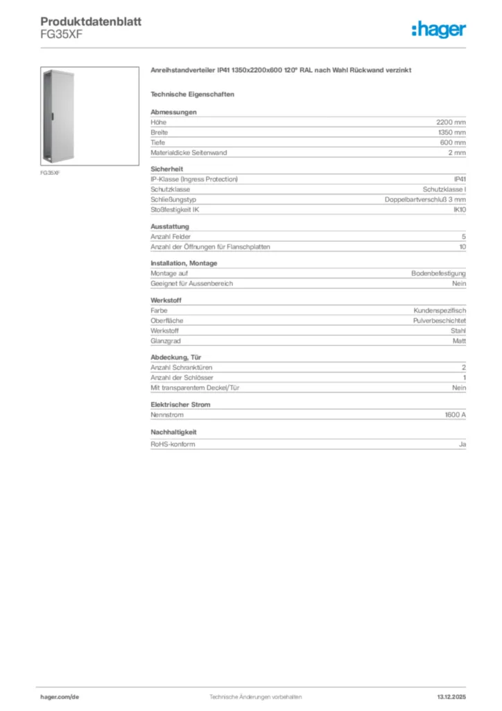 Bild Hager Produktdatenblatt FG35XF | Hager Deutschland
