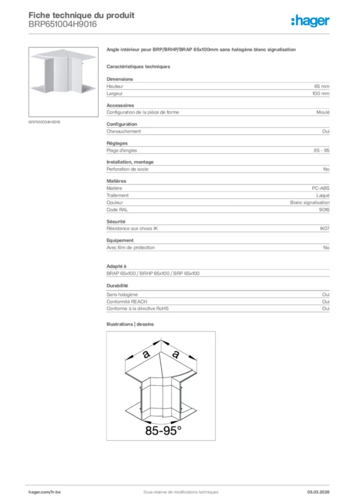 Image Hager Fiche technique du produit BRP651004H9016 | Hager Belgique