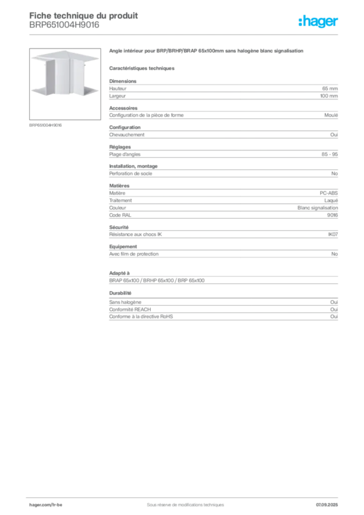 Image Hager Fiche technique du produit BRP651004H9016 | Hager Belgique