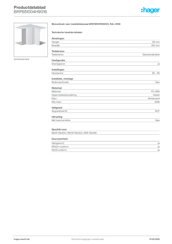 Afbeelding Hager Productdatablad BRP651004H9016 | Hager Belgium