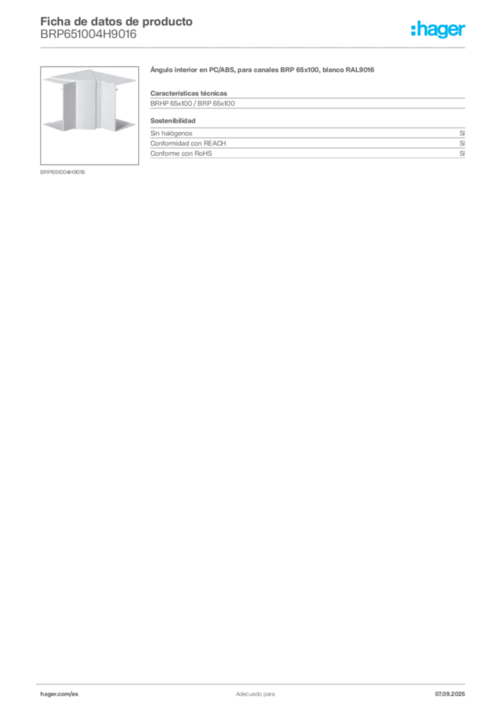 Imagen Hager Ficha de datos de producto BRP651004H9016 | Hager España