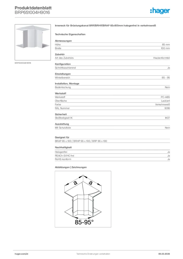 Bild Hager Produktdatenblatt BRP651004H9016 | Hager Deutschland