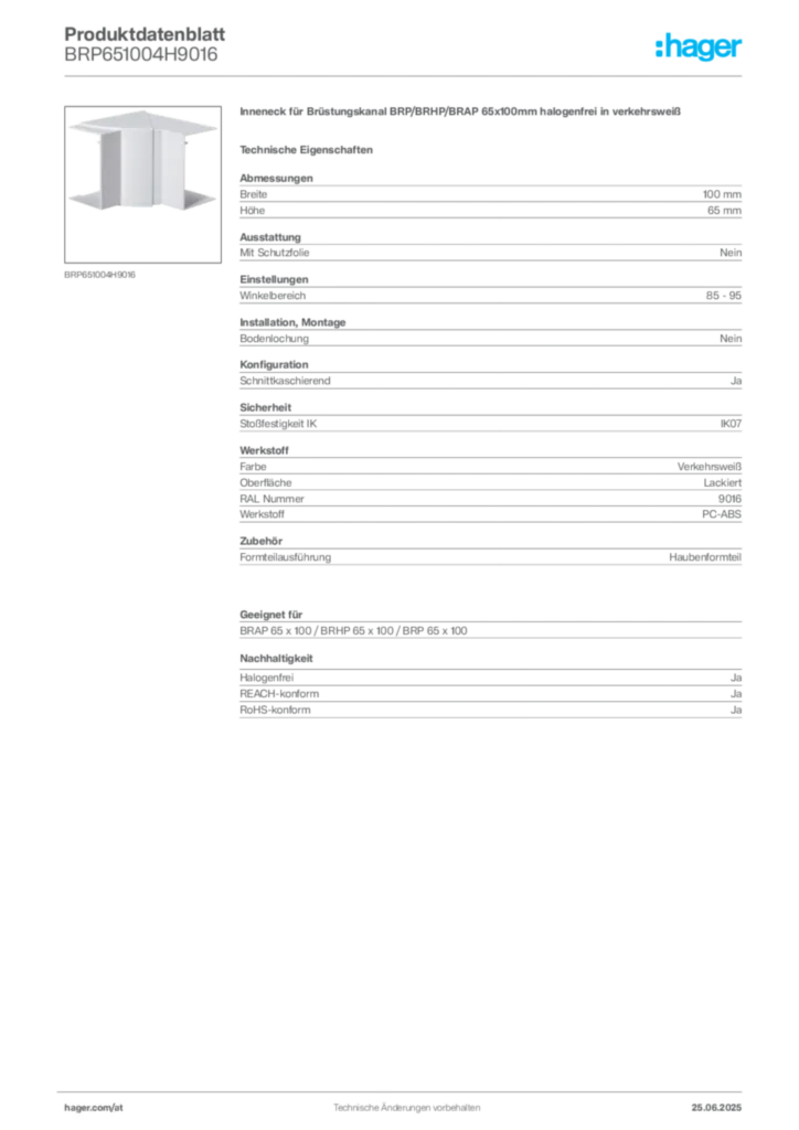 Bild Hager Produktdatenblatt BRP651004H9016 | Hager Deutschland