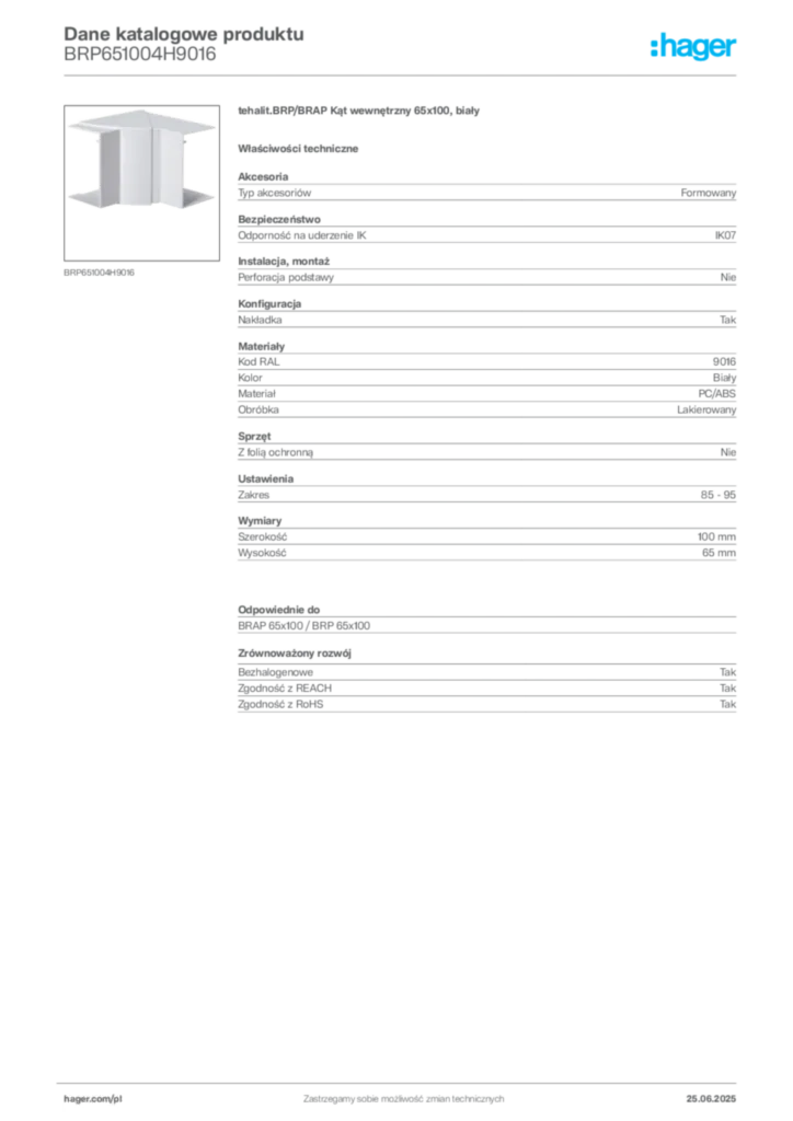 Zdjęcie Hager Karta katalogowa BRP651004H9016 | Hager Polska