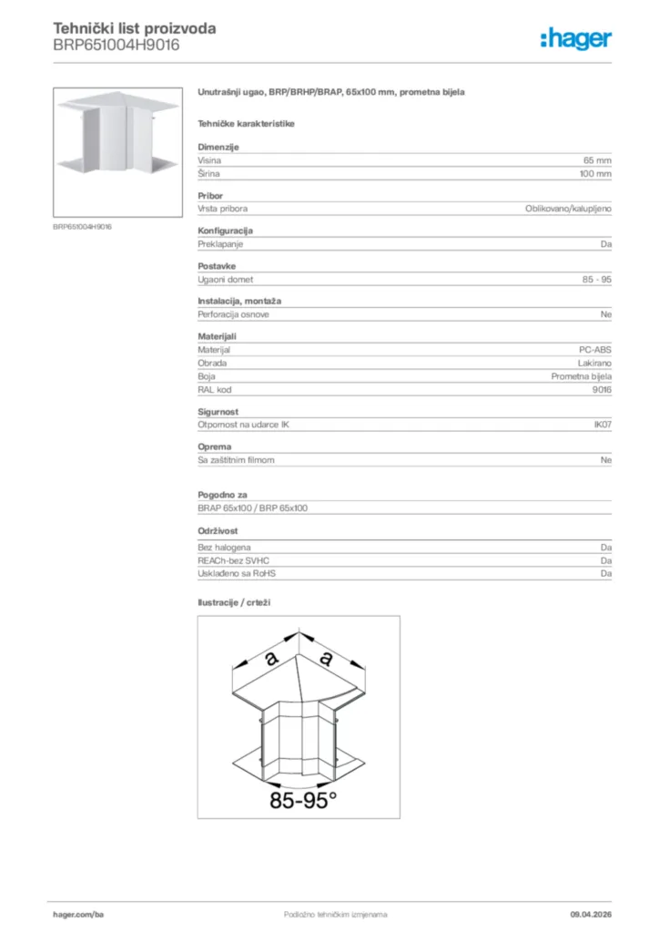 Slika Hager Tehnički list proizvoda BRP651004H9016  | Hager