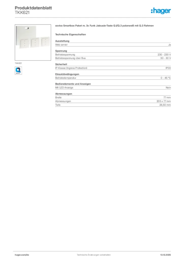 Bild Hager Produktdatenblatt TKK621 | Hager Deutschland
