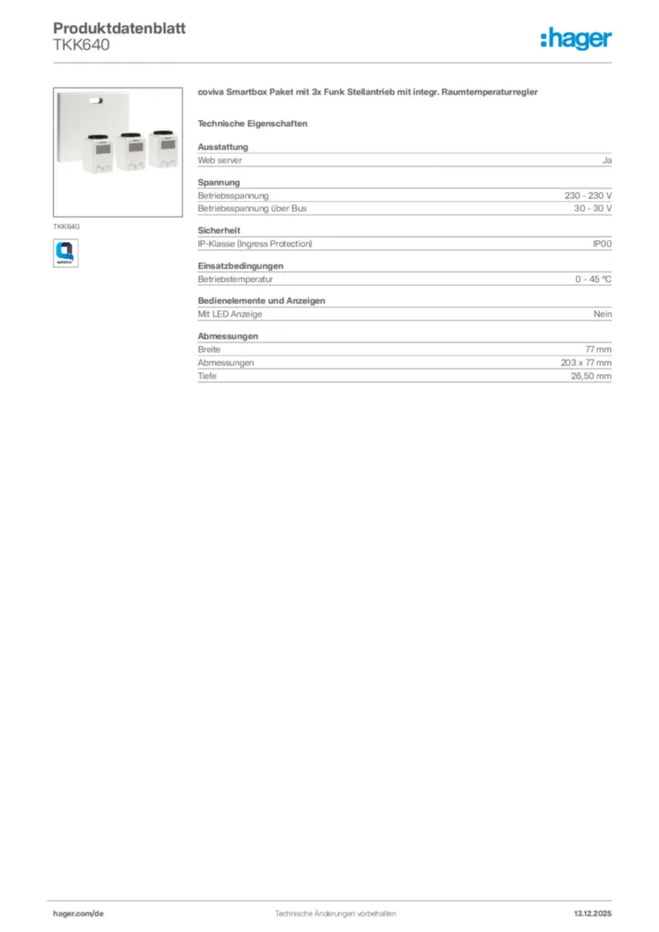 Bild Hager Produktdatenblatt TKK640 | Hager Deutschland