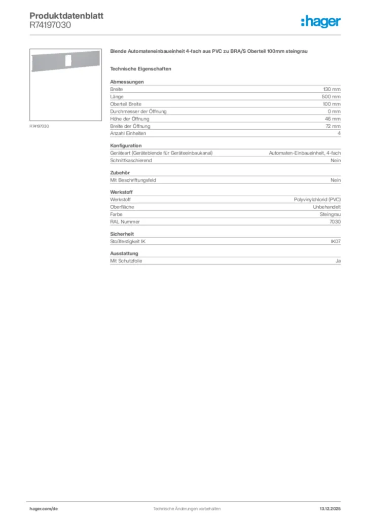 Bild Hager Produktdatenblatt R74197030 | Hager Deutschland
