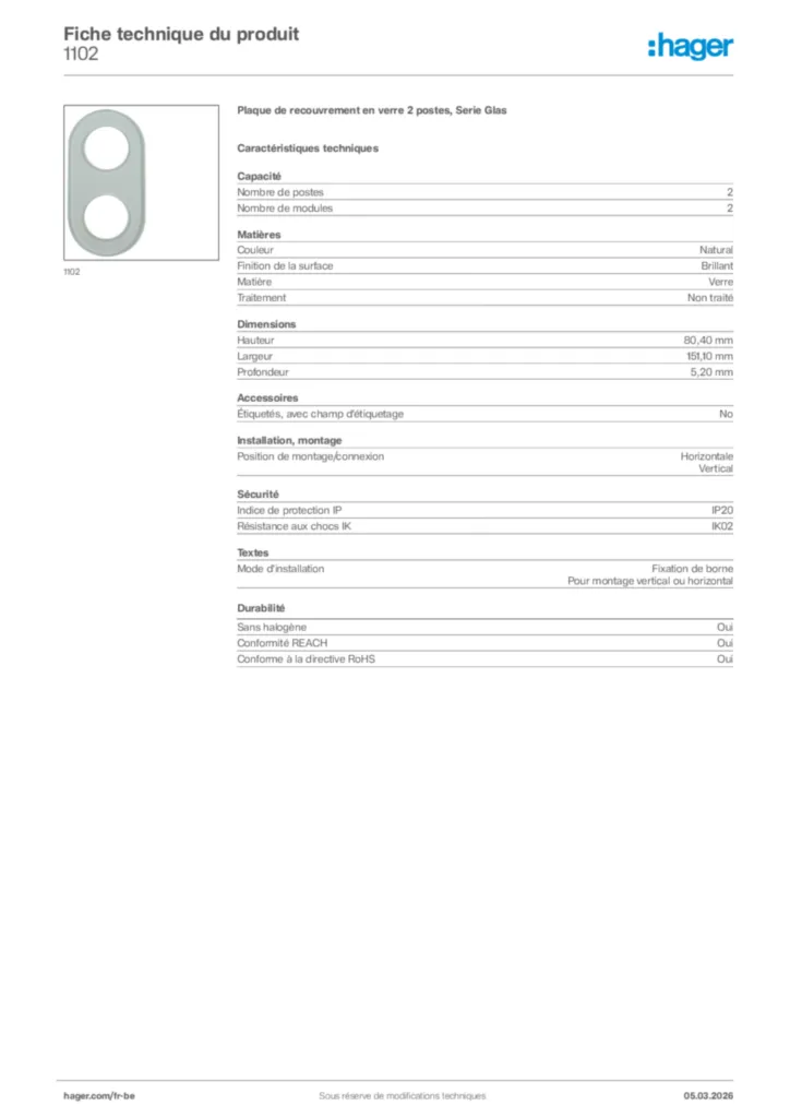 Image Hager Fiche technique du produit 1102 | Hager Belgique