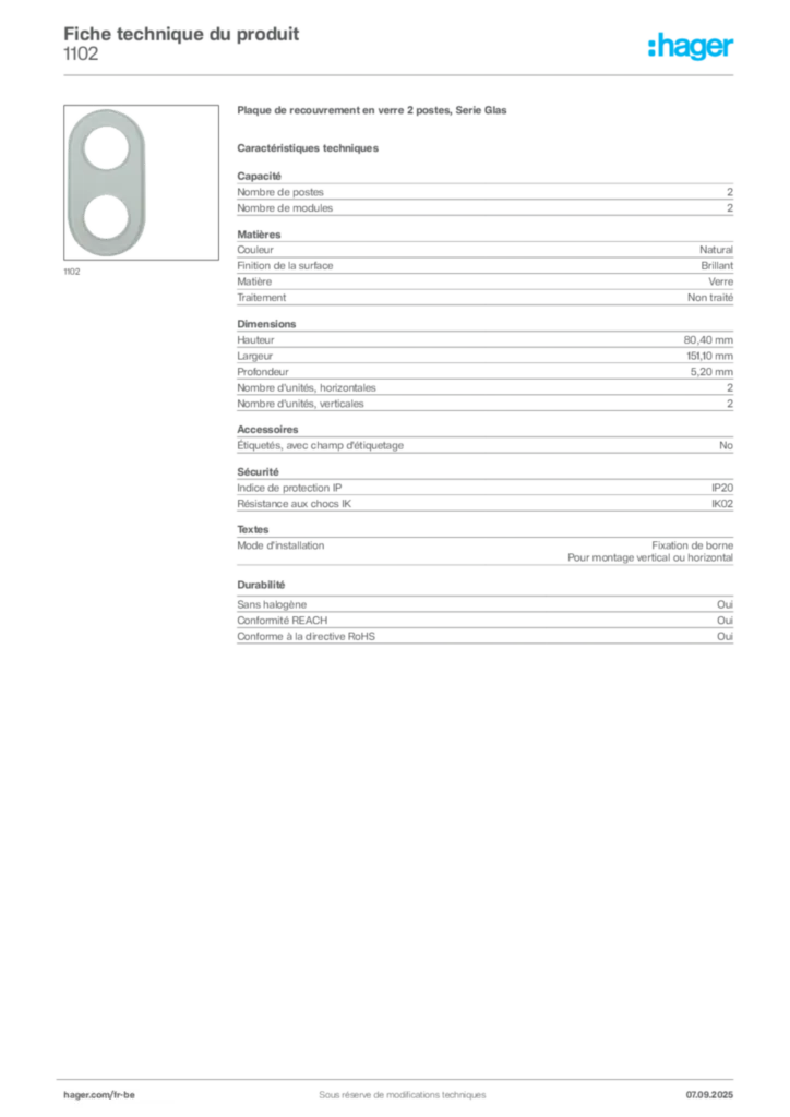Image Hager Fiche technique du produit 1102 | Hager Belgique