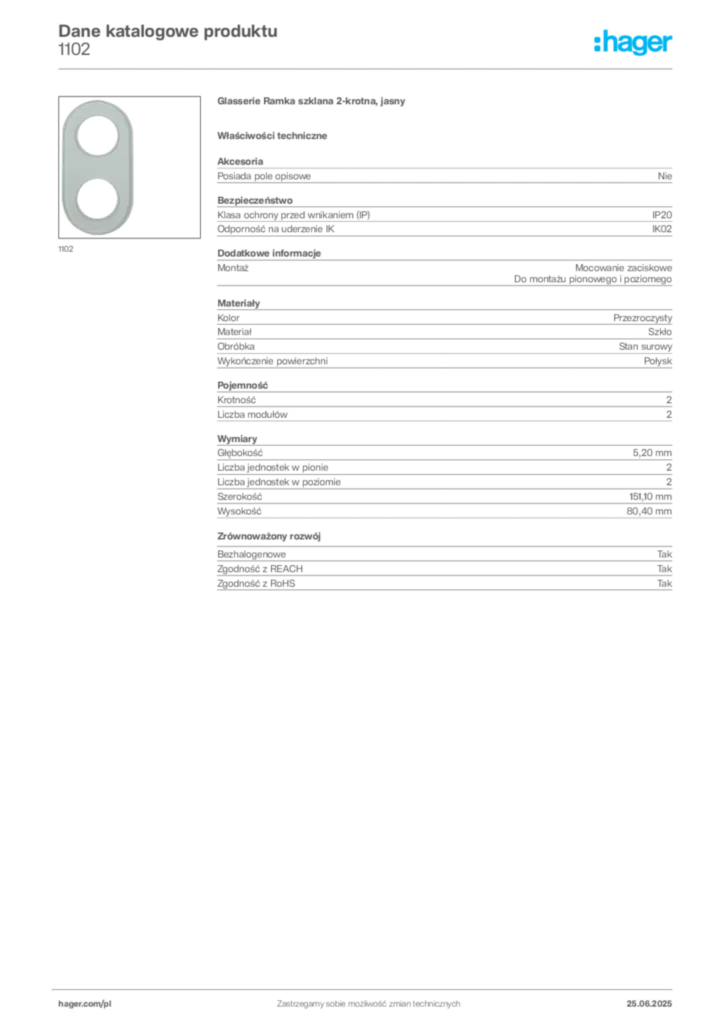 Zdjęcie Hager Karta katalogowa 1102 | Hager Polska