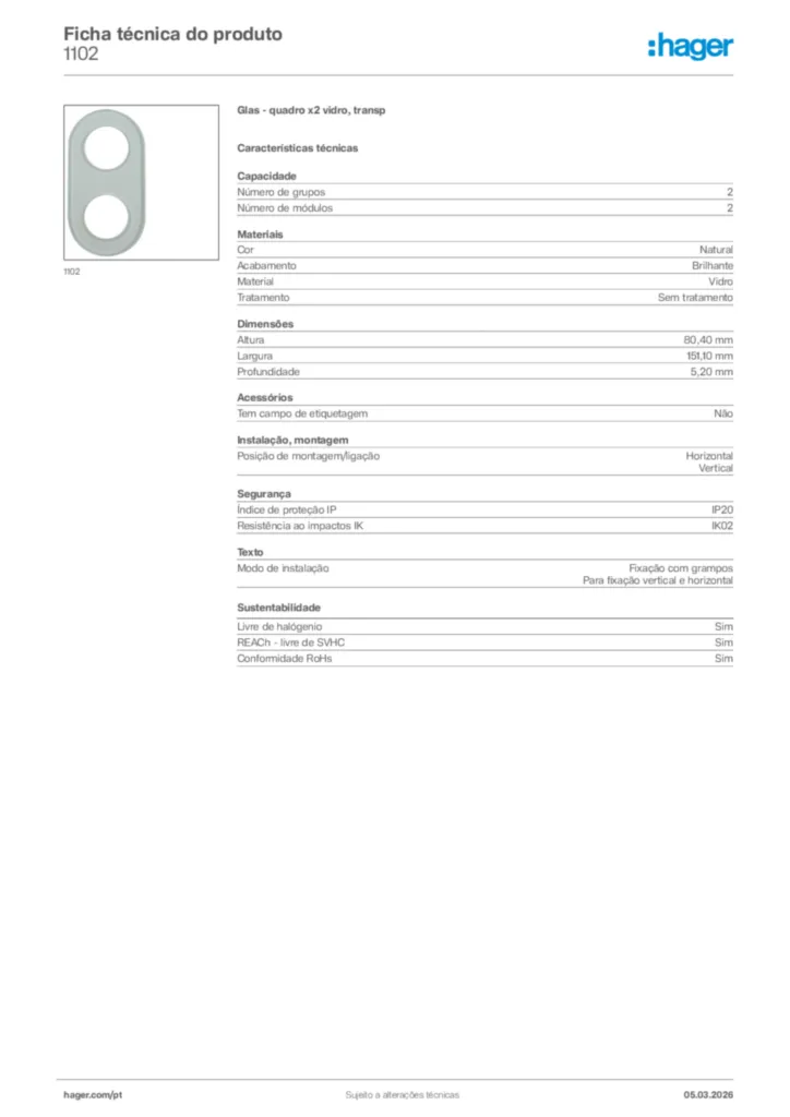 Imagem Hager Ficha técnica do produto 1102 | Hager Portugal