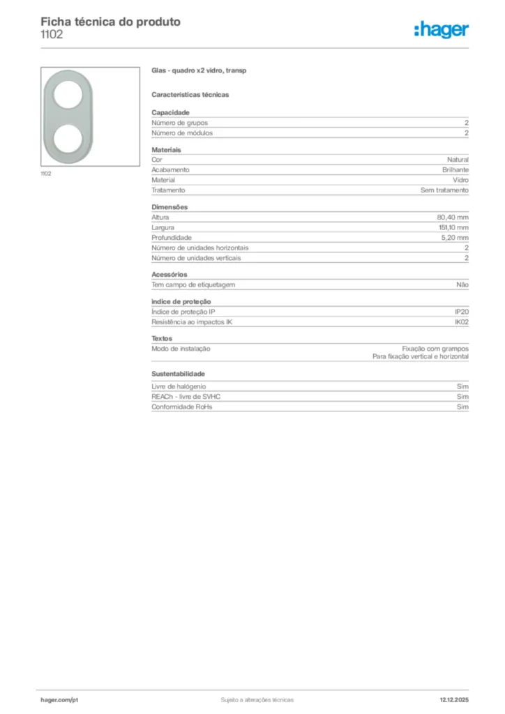 Imagem Hager Ficha técnica do produto 1102 | Hager Portugal