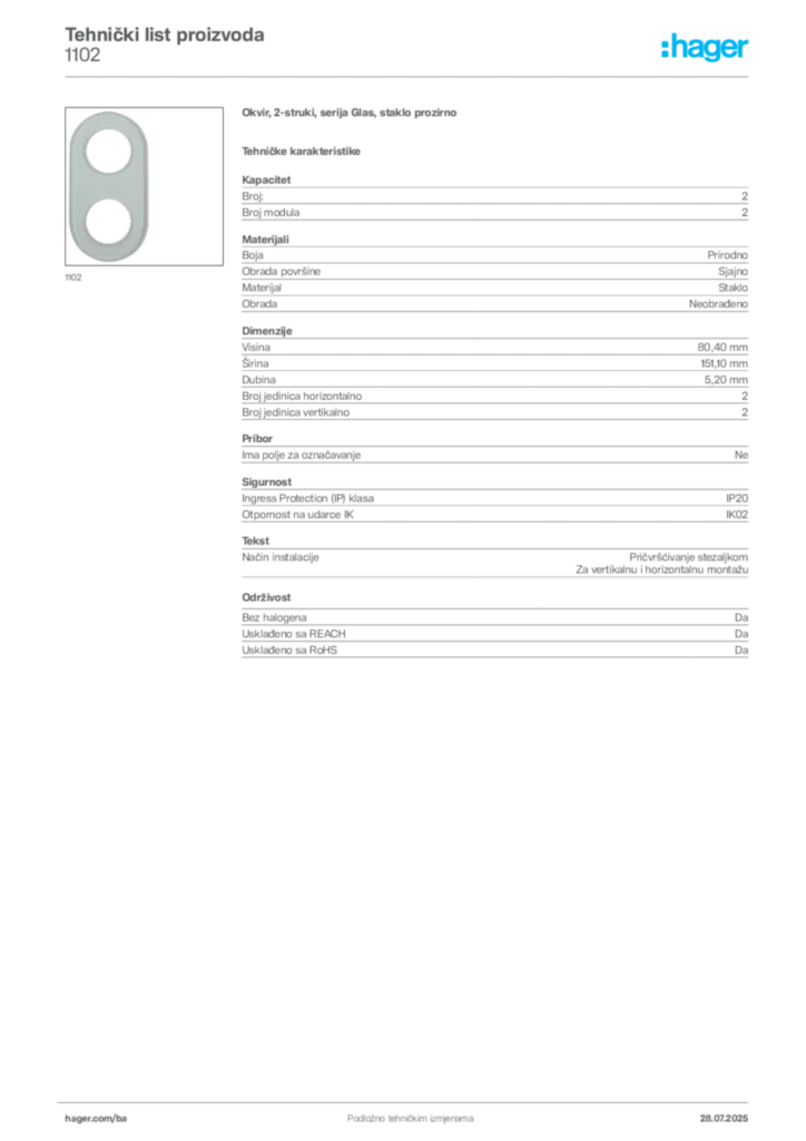 Slika Hager Product data sheet 1102  | Hager