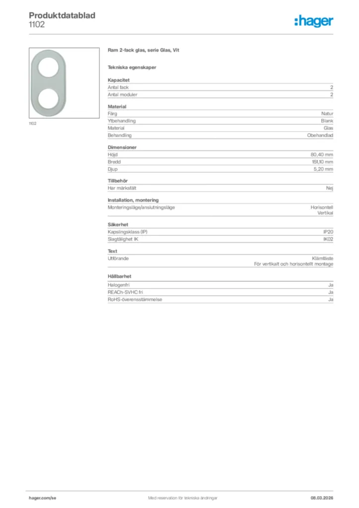 Bild Hager Produktdatablad 1102 | Hager Sverige