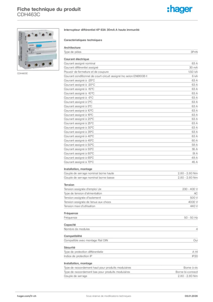 Image Hager Fiche technique du produit CDH463C | Hager Suisse