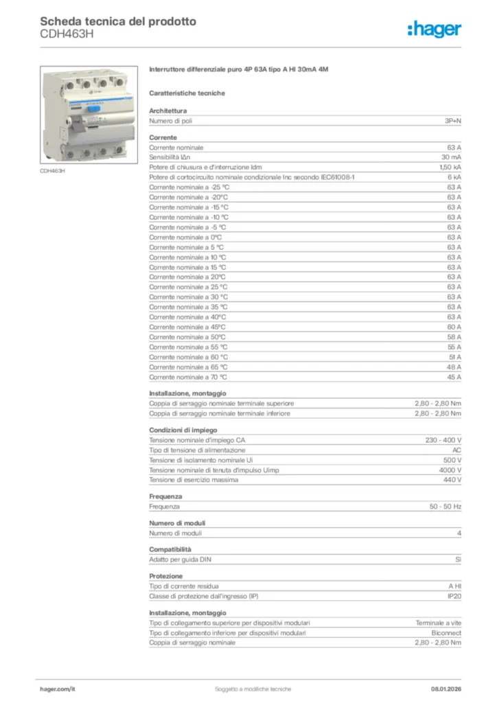 Immagine Hager Scheda tecnica del prodotto CDH463H | Hager Italia