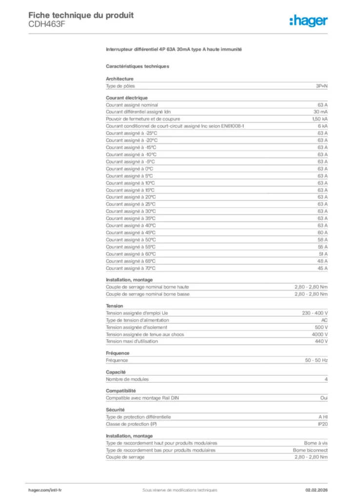 Image Hager Fiche technique du produit CDH463F | Hager Afrique