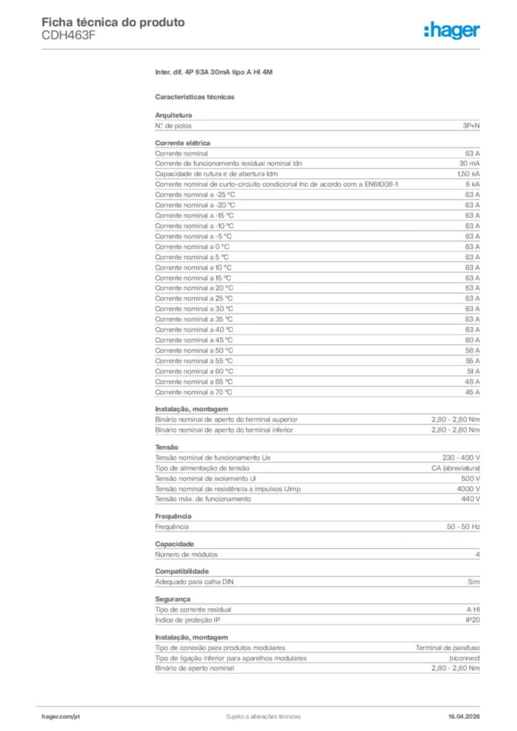 Imagem Hager Ficha técnica do produto CDH463F | Hager Portugal