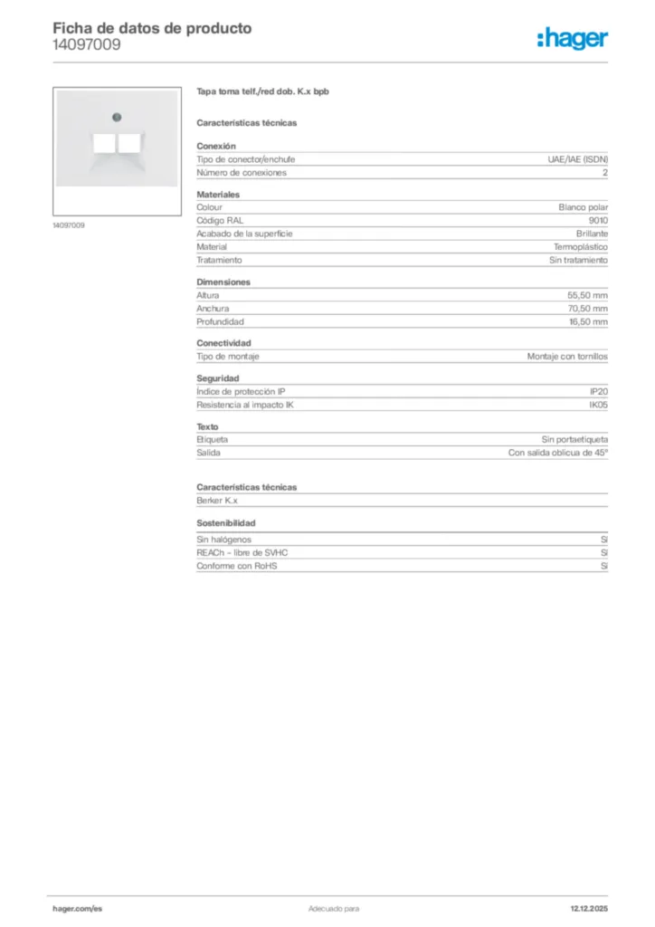 Imagen Hager Ficha de datos de producto 14097009 | Hager España