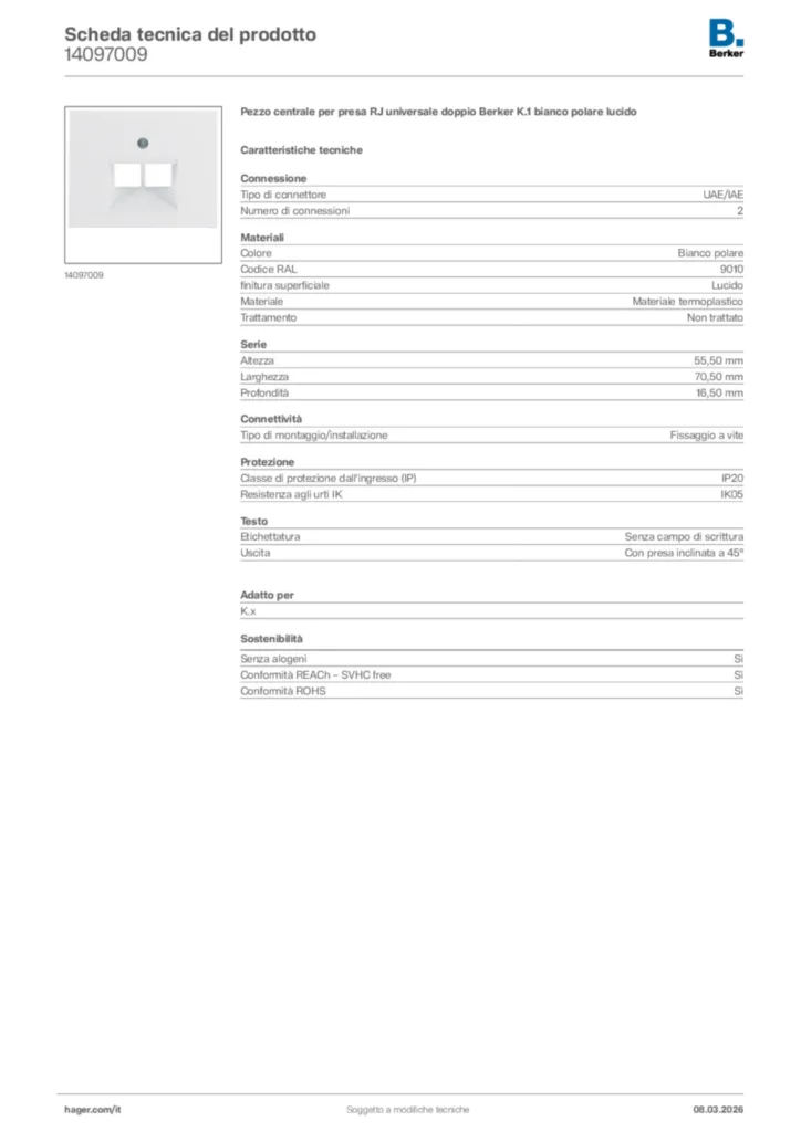 Immagine Berker Scheda tecnica del prodotto 14097009 | Hager Italia