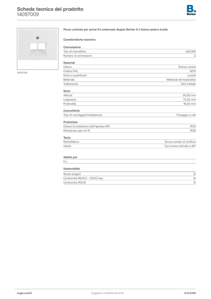 Immagine Berker Scheda tecnica del prodotto 14097009 | Hager Italia